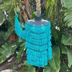 Off shoulder, crochet tiered ruffled top with statement sleeves